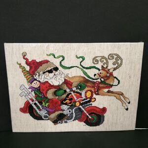 Handmade Cross Stitch Santa Motorcycle Reindeer Christmas Needlework Unframed